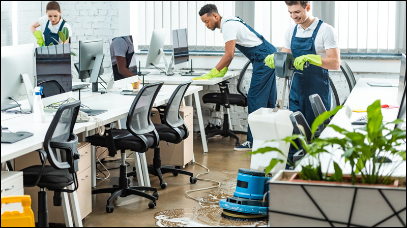 Commercial Cleaning Team Working in an Office Building